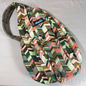 KAVU Rope Bag Sling Backpack Geometric Chevron Green Coral Crossbody Bag
